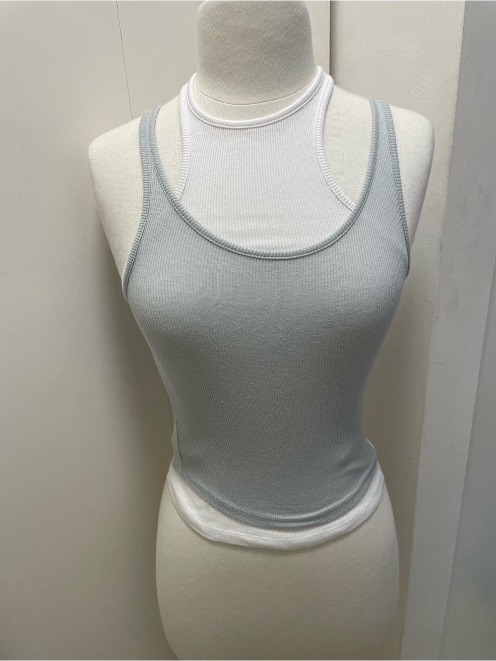 H&M Light Gray Ribbed Double-Layer Tank Top (Gray & White)